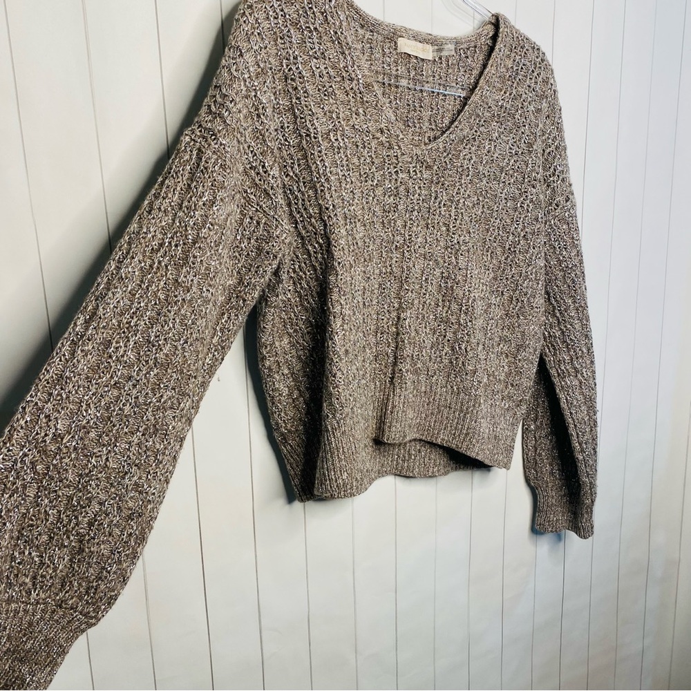 Ramy Brook Cashmere Wool Brown Marbled Silver Metallic V-Neck Knit Sweater Small